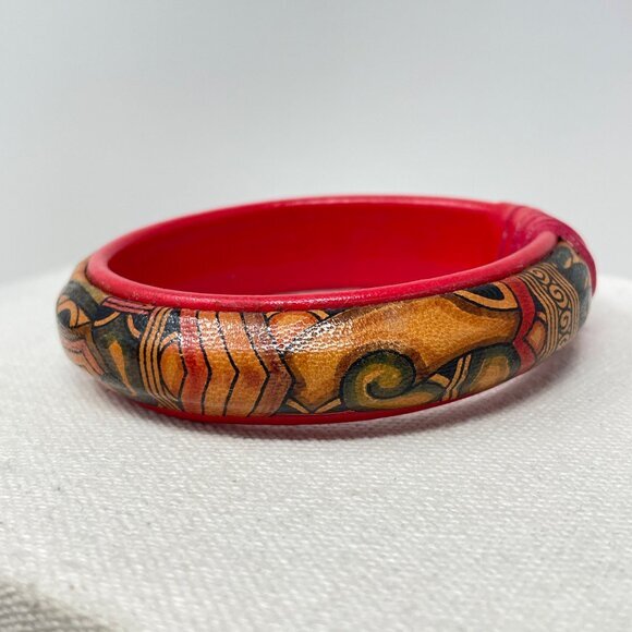 Hand Painted Tribal Leather Face Bangle‎ Bracelet Native American Northwest - Picture 3 of 9